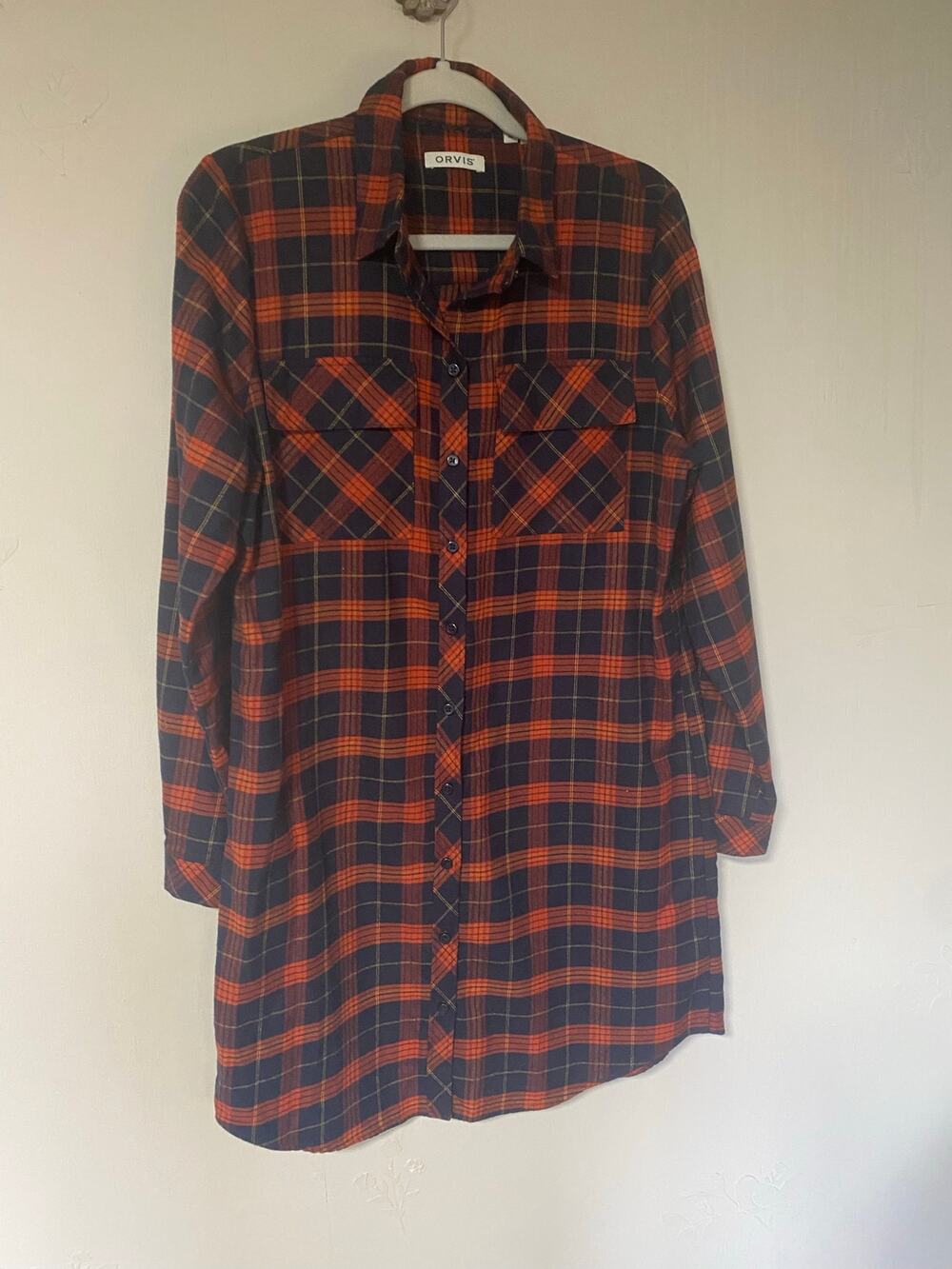 Orvis 100% Cotton Orange & Navy Tartan Plaid Flannel Shirt Dress Button Up Med